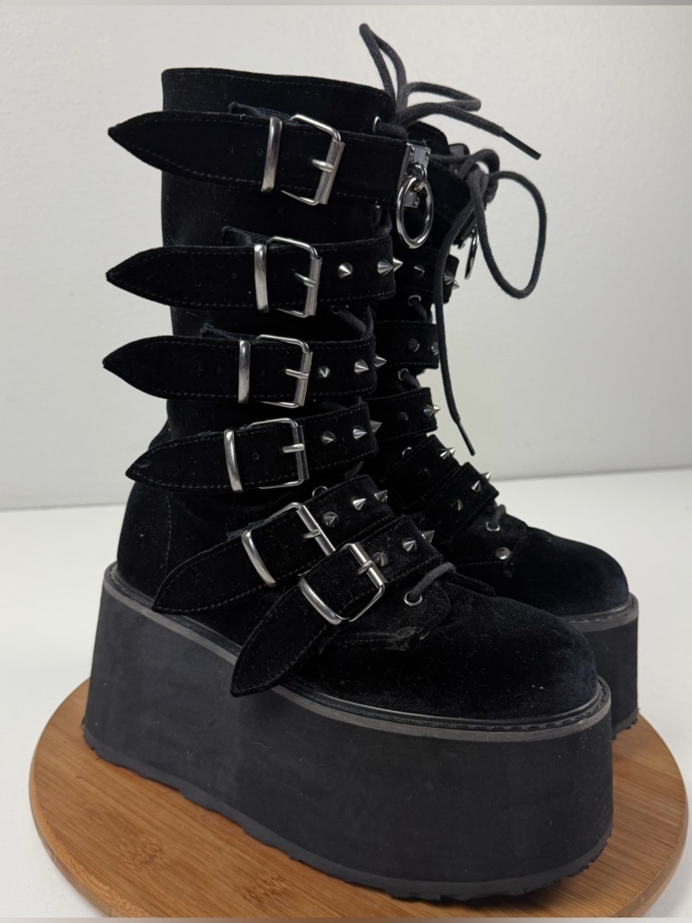 Demonia Damned 225 Black Velvet Goth Rock 6-Studded Buckle Platform Boots